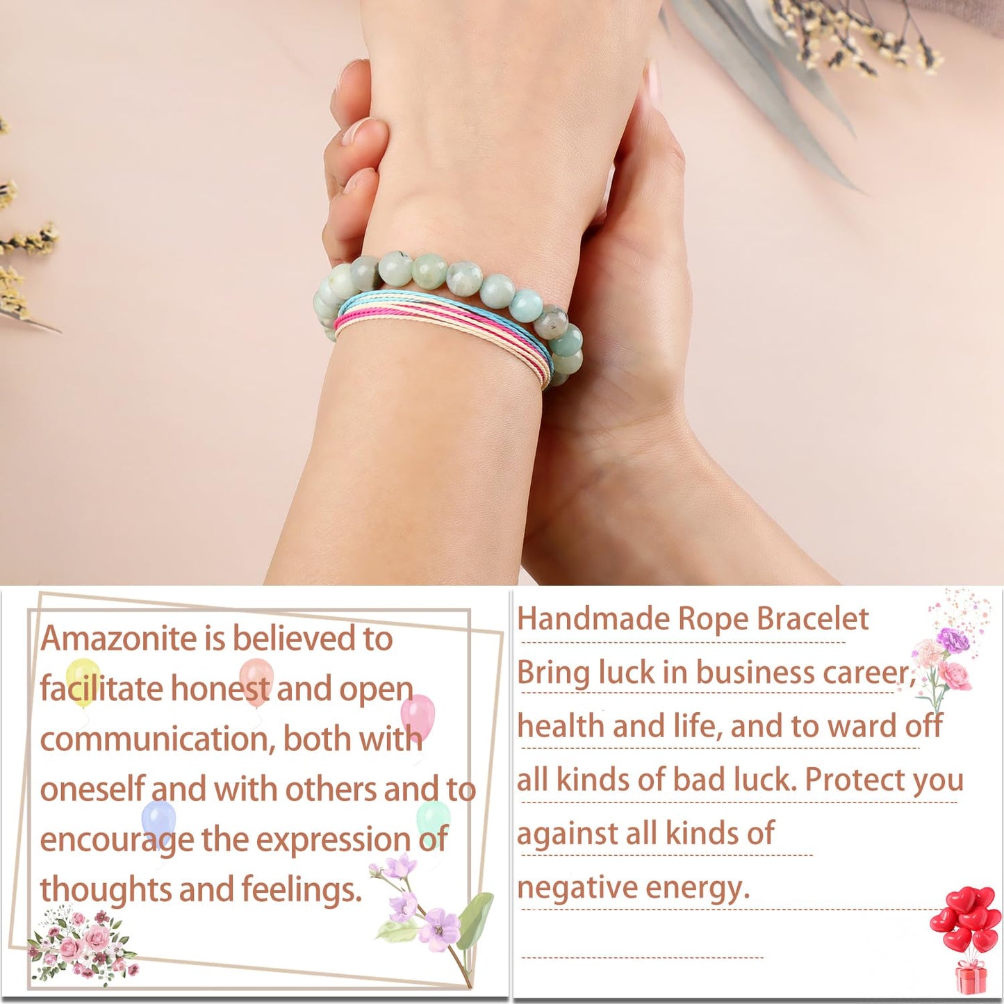 LPBeads 8mm Amazonite Bracelet with Handmade Rope Bracelet Size Adjustable Natural Stone Crystal Healing Bracelets Gifts for Unisex Adults