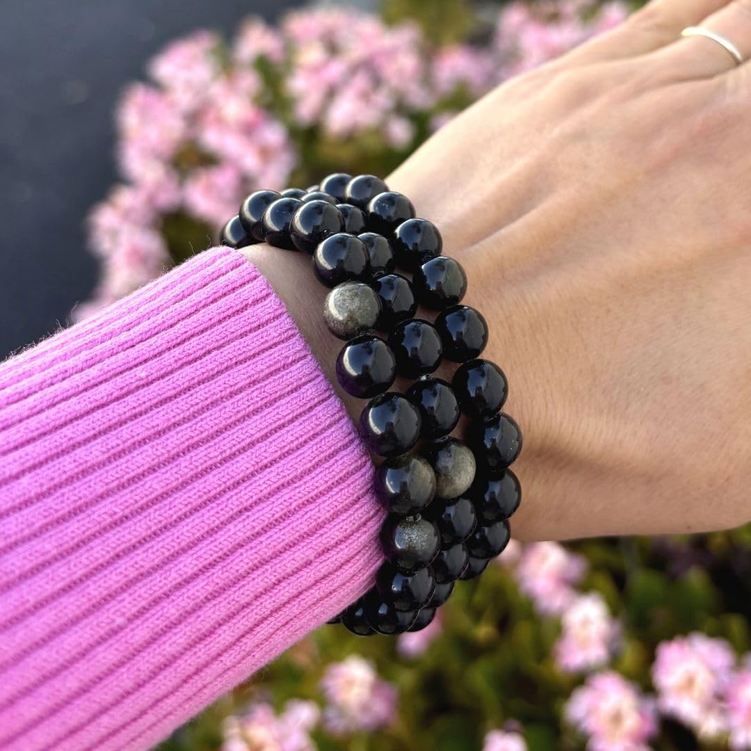 Adabele Real Natural Gold Sheen Obsidian Gemstone Beaded Bracelet 8.5 inch Stretch Chakra Healing Crystal Stone Jewelry Energy Quartz Rock GB8-D24