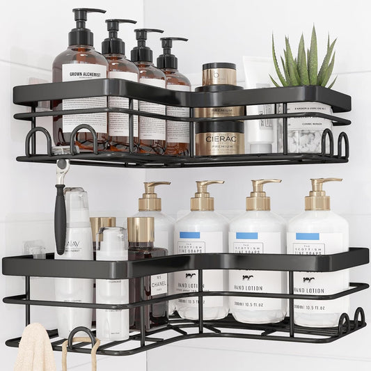 Sakugi Corner Shower Caddy - Rustproof Stainless Steel Organizers with 8 Hooks | No Drilling, Space-Saving, Black, 2 Pack