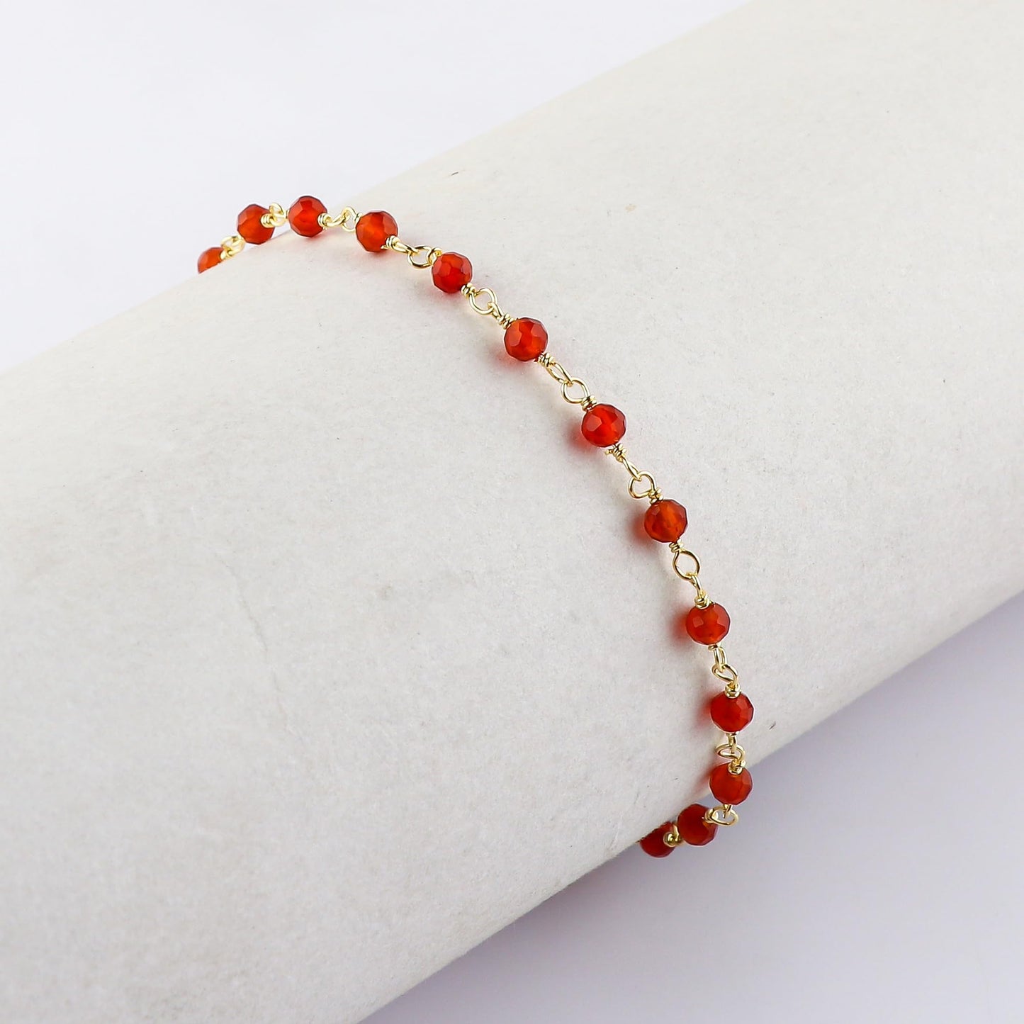 CRYSTALINES Natural Carnelian Gemstones Bracelet Handmade Hypoallergenic Gold Plated Jewelry for Women Healing Crystals Microfaceted Beads Rosary Chain Boho Birthday Bracelet, 7+1inch