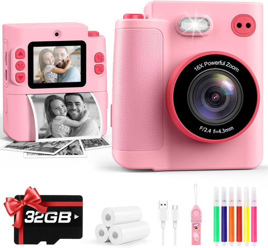 Yunaking 3-12 3 4 5 6 7 8 9 10 32G Gift for Girls Kids Camera: Instant Print Dual Lens Digital Camera Toys for Girl