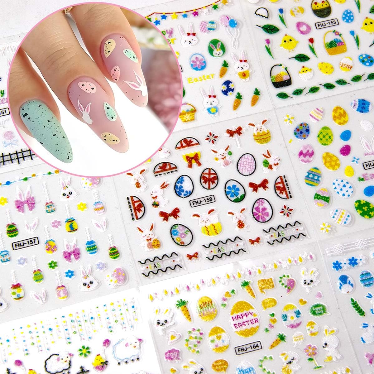 Easter Nail Stickers Cute Bunny Nail Decals 3D Self-Adhesive Easter Egg Nails Art Stickers Rabbit Flower Nail Design Kawaii Nails Supplies for Women Decoration 30 Sheets