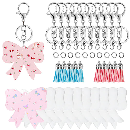 10 pcs Sublimation Acrylic Bow Blanks, DIY Craft Supplies with Tassels & Keychain Rings for Personalized Gifts, Bag Charms & Luggage Tags (Classic Bow)
