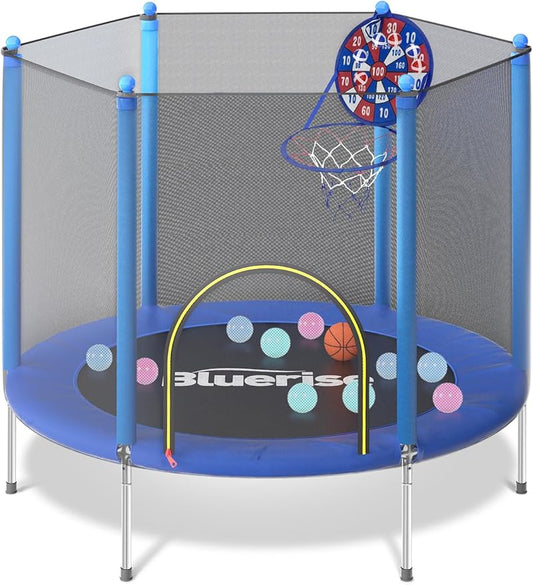 BLUERISE Trampoline 55IN 6FT Toddler Trampoline for Kids Indoor Outdoor Play for Kids Trampoline Basketball Hoop Attachment with Enclosure Net Easy to Assemble Outdoor Indoor Trampoline