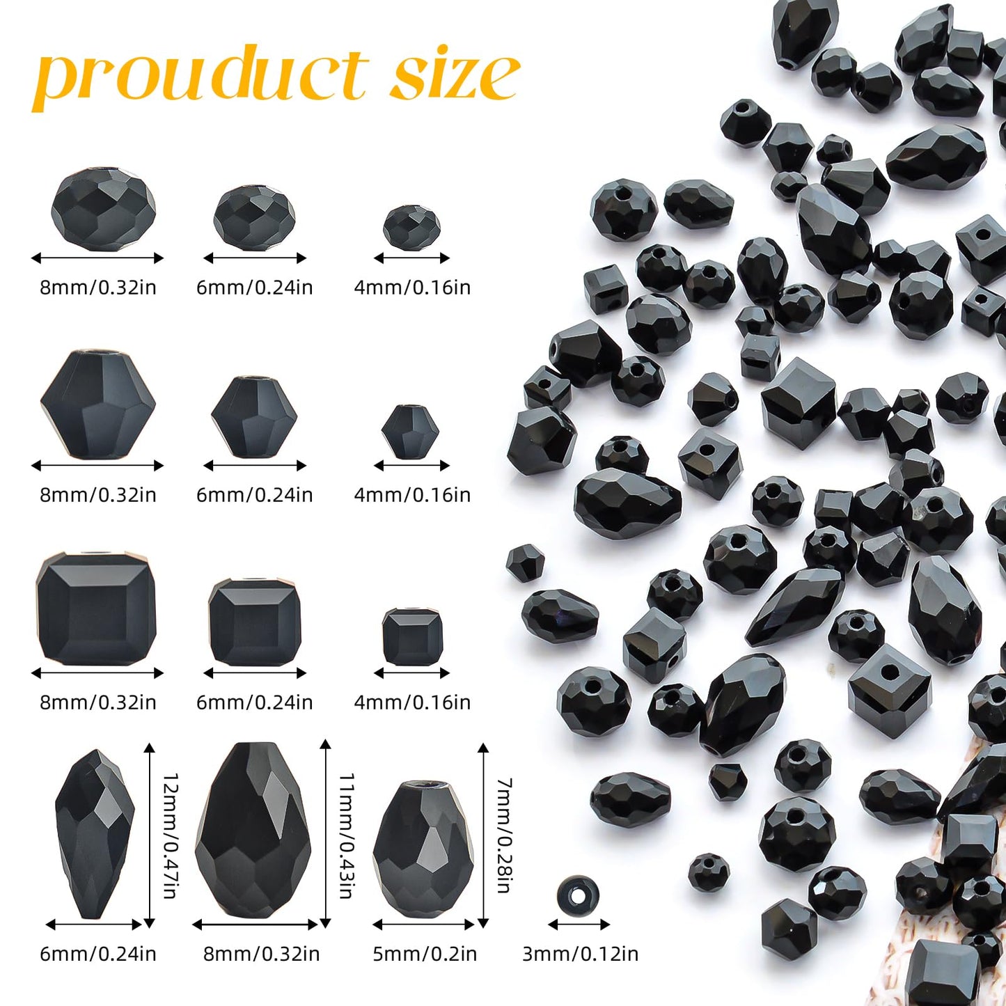 Laopottbeads 1500 Pcs Crystal Glass Beads for Jewelry Making – 12 Styles Bicone, Rondelle, Cube, Teardrop & 3mm Spacer Beads, DIY Bracelet Necklace Earring Craft Kit with Organizer Box(Black)
