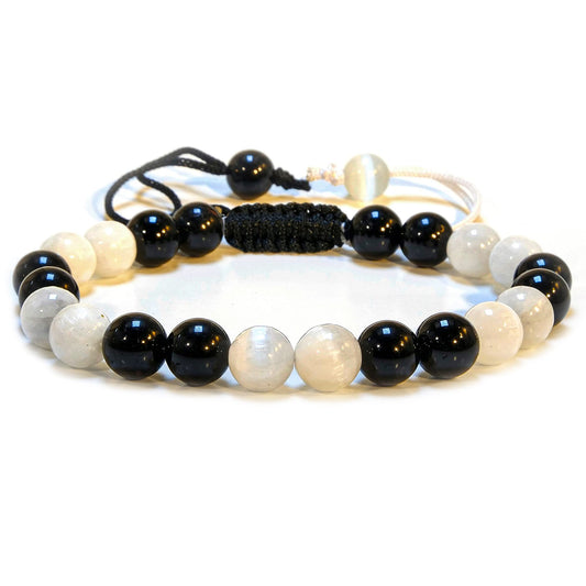 ANAYA AGATE Healing Crystal Bracelet – Chic Gemstone Bracelet for Men and Women – 8mm Round Bead Bracelets for Spiritual Healing, Protection, Positive Energy - Selenite Black Tourmaline