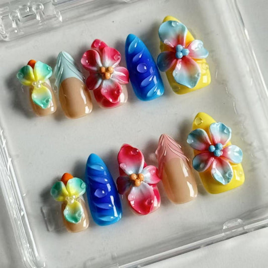 10pcs Handmade Press on Nail Almonds Shape Fake Nails Colorful with Flower designs Full Cover 3D False Nails French Tip Press ones Pride Stick on Nail for Women Beach Vacation Decor （m size）