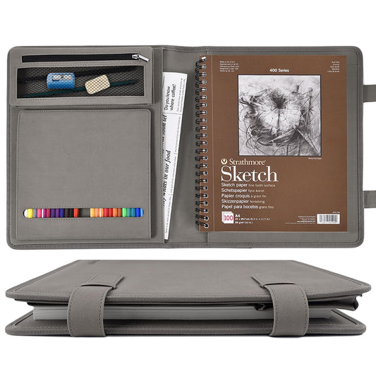 Plinyvel Leather Sketchbook Cover for 9x12 - Travel Portfolio Case with Storage, Holds Large Sketch Book & Spiral Pad | All-in-One Artist Organizer with Pencil Holder (Gray