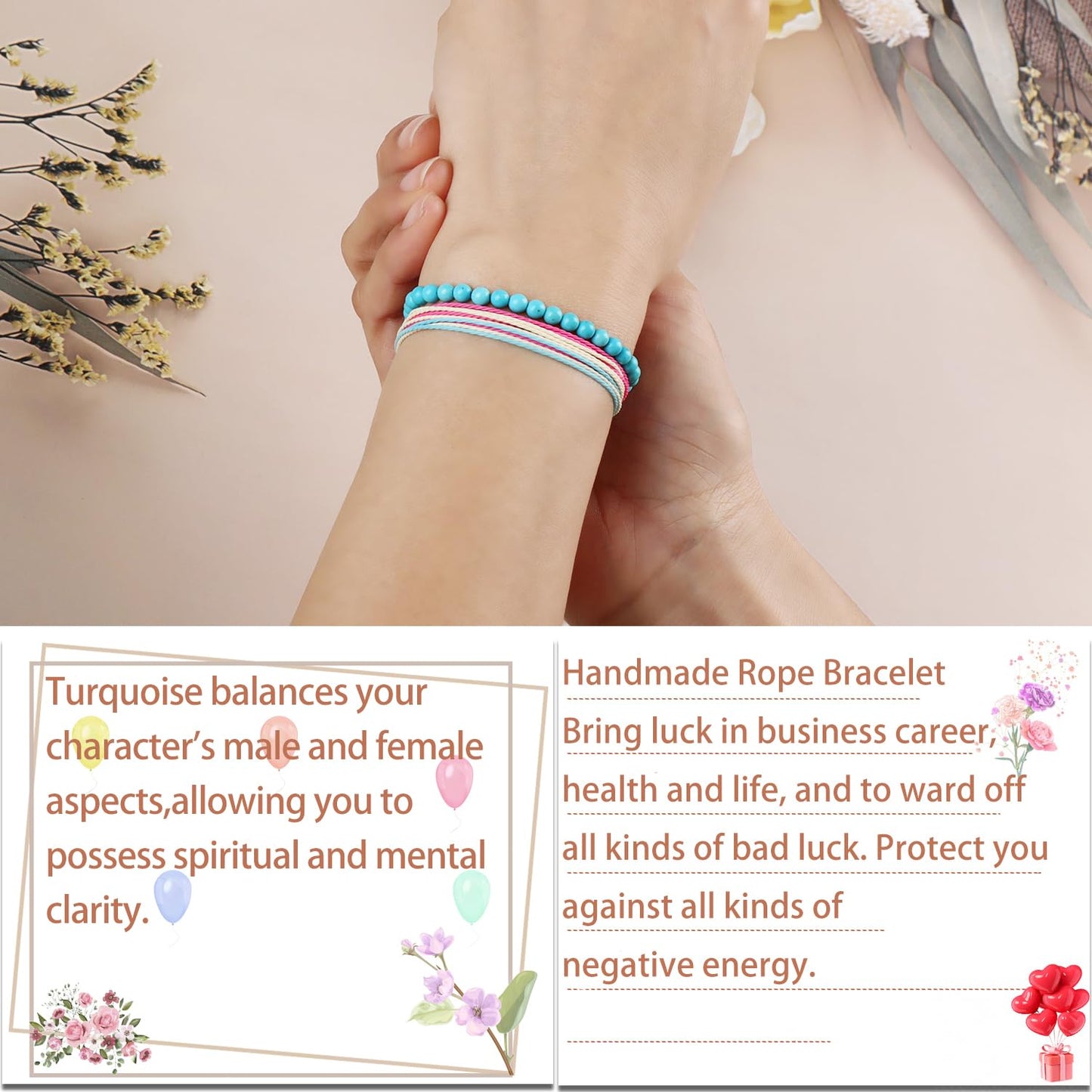 LPBeads 4mm Blue Turquoise Bracelet with Handmade Rope Bracelet Size Adjustable Stone Crystal Healing Bracelets Gifts for Unisex Adults