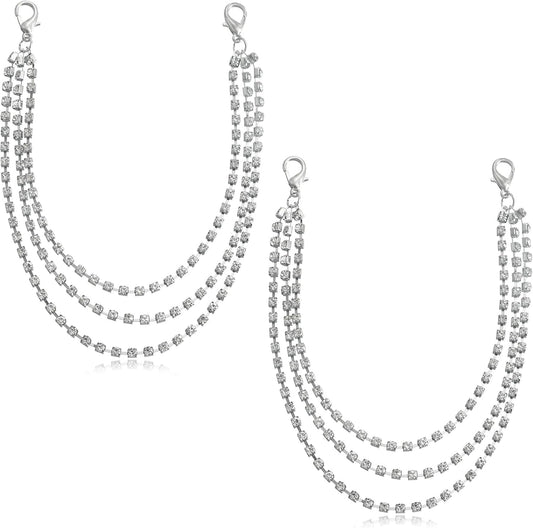 Skiennix Glitter Rhinestone Shoelace Charms - Triple Layer Tassel Boot Chain Jewelry | Silver, 2 Pcs Set