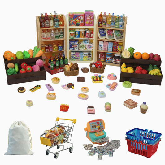 180Pcs Mini Shopping Cart Playset - Pretend Grocery Dollhouse Accessories Toys with Miniature Cash Register, 2 Fruit-Veggie Stands, 3 Shelves, 100+ Play Food - Educational Role Play Toys for Toddlers