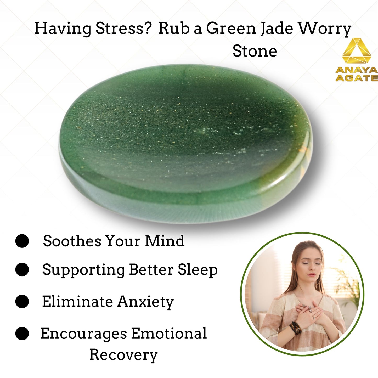 Anaya Agate Green Jade Worry Stone – Certified Crystal Thumb Stone for Anxiety & Stress Relief – Healing Crystal for Meditation, Reiki, Positive Energy & Christmas Gift for Men and Women