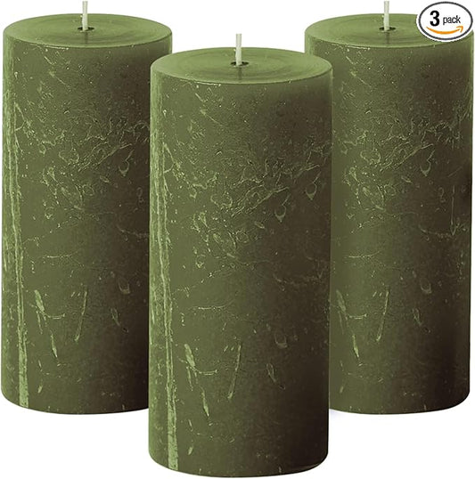 Simply Soson 3x6 inch Dark Moss Green Pillar Candles Set of 3, Rustic Texture, Unscented Green Candles, Dripless Candles, 3 inch Pillar Candles for Wedding Parties Spas Dinner Home Decoration Church