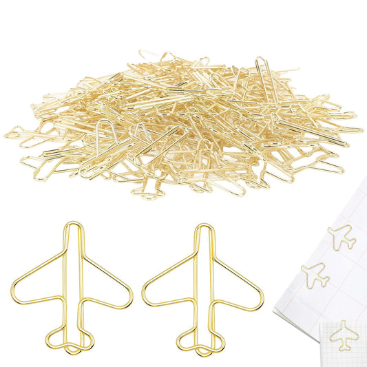 100PCS Cute Metal Plane Shaped Paper Clips, Gold Decorative Paperclips Mini Bookmark Planner Clips Document Note Sorting Organizer for Wedding Decorative Office Supplies