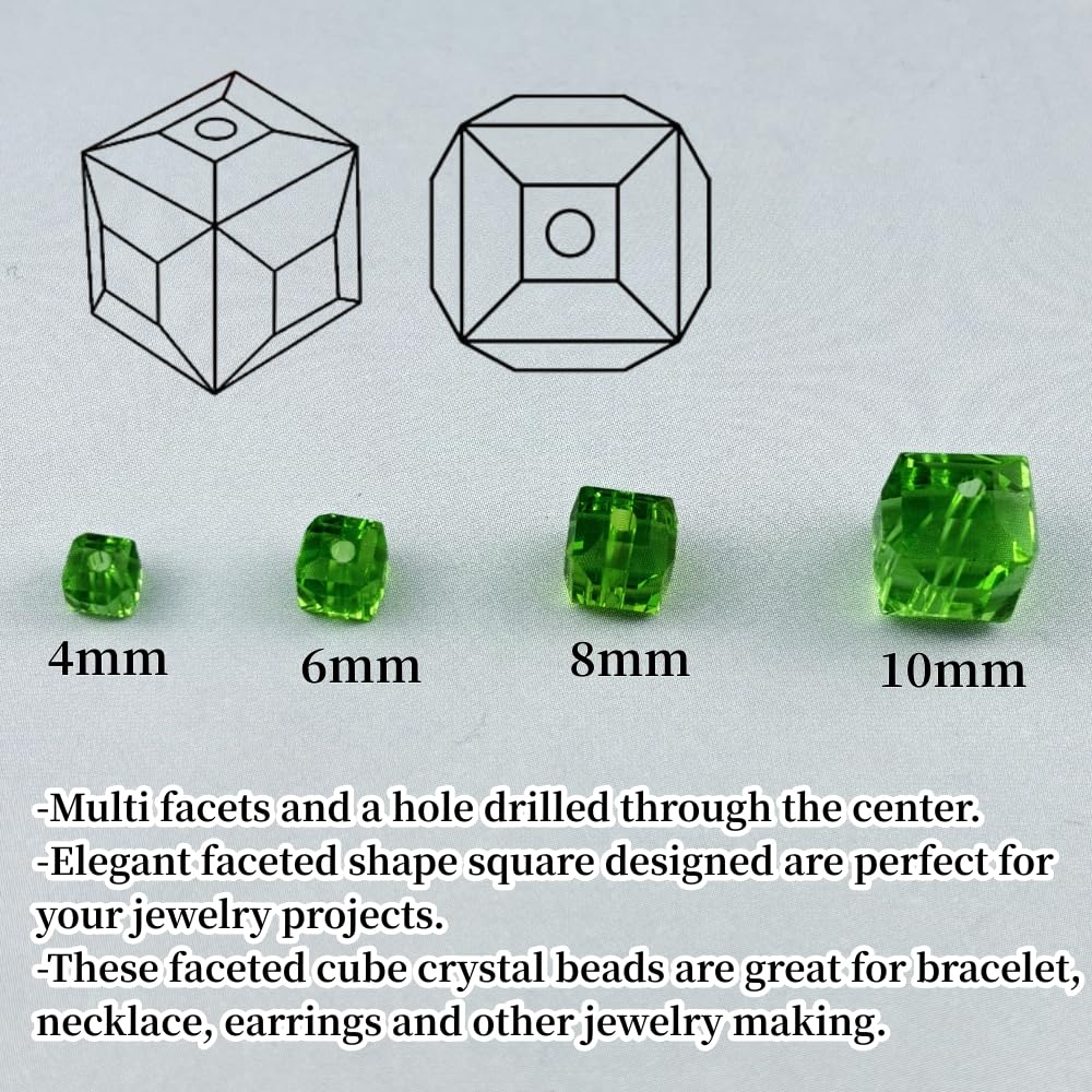 YUEXIGO 100pcs 6mm Cube Crystal Glass Beads for Jewelry Making Faceted Square Crystal Glass Bead Spacer Beads Loose Beads for Bracelet Earring Necklace DIY Craft(Grass Green)