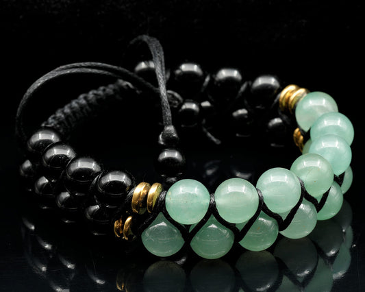 Natural Green Aventurine Double Row Bracelet for Men & Women | Handmade 8mm Green Aventurine Black Onyx Macrame Bead Bracelet | Adjustable Waxed Cord | Libra Zodiac Chakra Jewelry Gift
