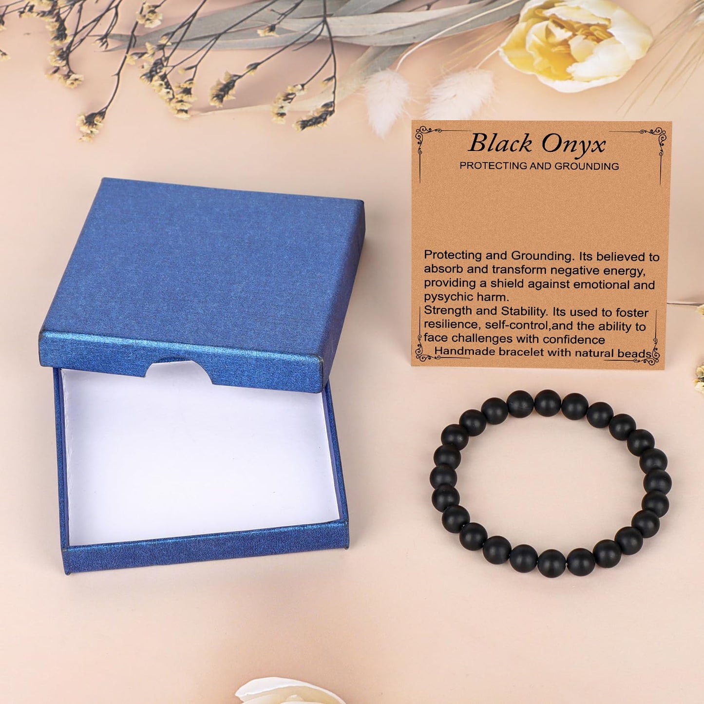 LPBeads Handmade Natural Gemstone Stretch Elastic 8mm Matte Black Onyx Bracelet Healing Crystal Round Stone Beads Jewelry Gifts for Women Men