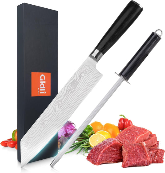 Gidli 8 Inch Chef Knife with Diamond Sharpener - Sharp German Carbon Stainless Steel Kitchen Knife for Precision Cutting - Ergonomic Wooden Handle for Comfortable Slicing and Chopping