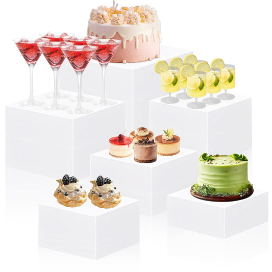 MIVIDE 6 Pack Buffet Risers, White Food Risers for Buffet Table, Food Display Risers for Party, Acrylic Cube Display Nesting Risers with Hollow Bottoms for Catering Dessert Collectibles Jewelry (Size 5",6",7",8",9",10")