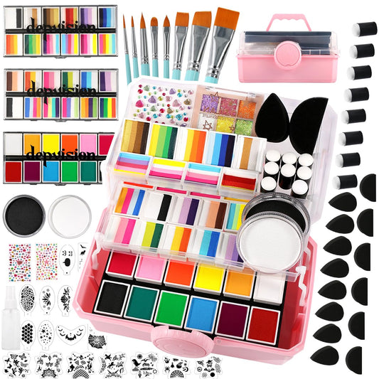 Professional Face Painting kit 110 Colors Split Cake Face Paint 96 pcs Set Non-Toxic Washable & Safe with Brushes Sponges Glitter Stencils for Halloween Makeup Kit for Pro Face Painter full kit