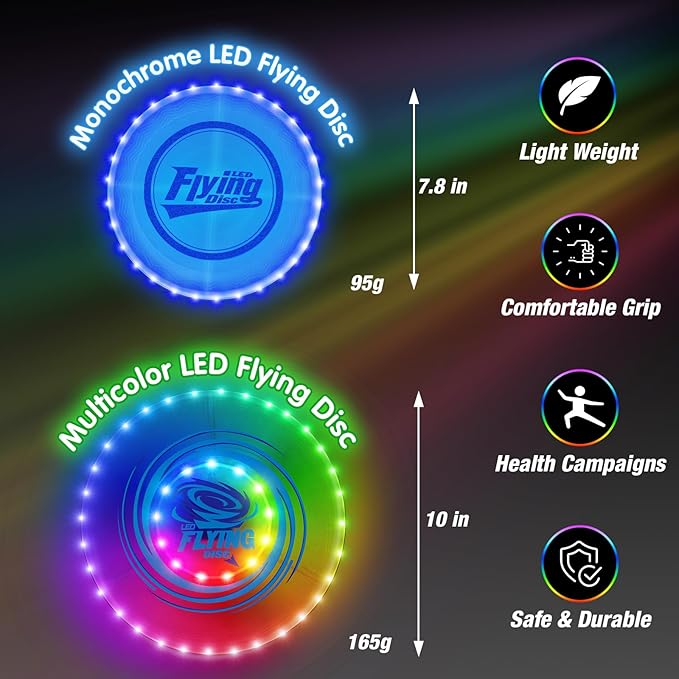 2 Pack Light up Flying Discs for Kids, Rechargeable Disc with 45 LEDs, 14 Lighting Modes(10") & Built-in Battery Disc(7.8"), Glow in The Dark Flying Ring for Beach/Summer Camping/Outdoor Sport