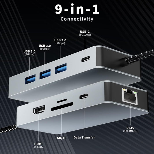 Aplimln 9 1 4K@60HZ RJ45 3 3.0 100W, USB C Hub, in USB C to HDMI Multiport Adapter, Gigabit Ethernet, USB Ports, SD/TF