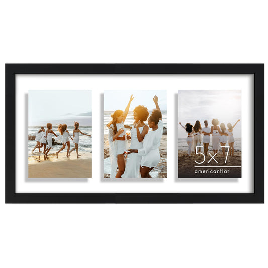 Americanflat 5x7 Picture Frame Collage with Shatter-Resistant Glass - Fits Three 5x7 Photos or use as One 10x20 Picture Frame - Signature Collection - Collage Frames with Floating Effect - Black