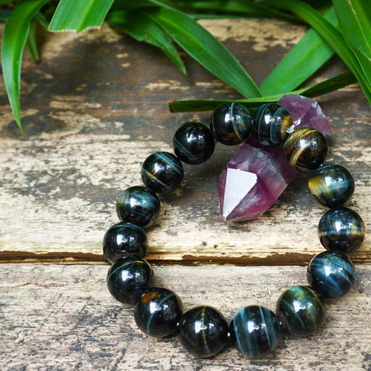 14MM Blue Tiger Eyes With Gold Eyes Bracelet for Men Women, Fits for 7-7.5" Wrist | Protection from Evil Gem | Natural Birthstone for June | Spritual Gift for Friends Familys