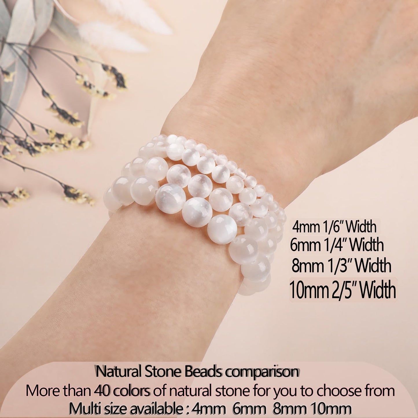 LPBeads Handmade Natural Gemstone Stretch Elastic 6mm White Selenite Bracelet Healing Crystal Round Stone Beads Jewelry Gifts for Women Men