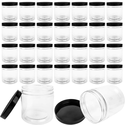 Conagel 30 Pack 12oz Clear Plastic Jars with Black Lids Plastic Empty Storage Containers Refillable Round Clear Cosmetics Containers for Candy Kitchen Food Storage DIY Crafts Making