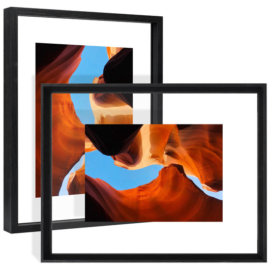YOTINTIN 11x14 Floating Frames 2 Pack Wooden Photo Frame Double Sided Glass Picture Frame for Any Size Picture up to 11x14, Wall Mount or Tabletop Displays, Double-edged Frames, Black