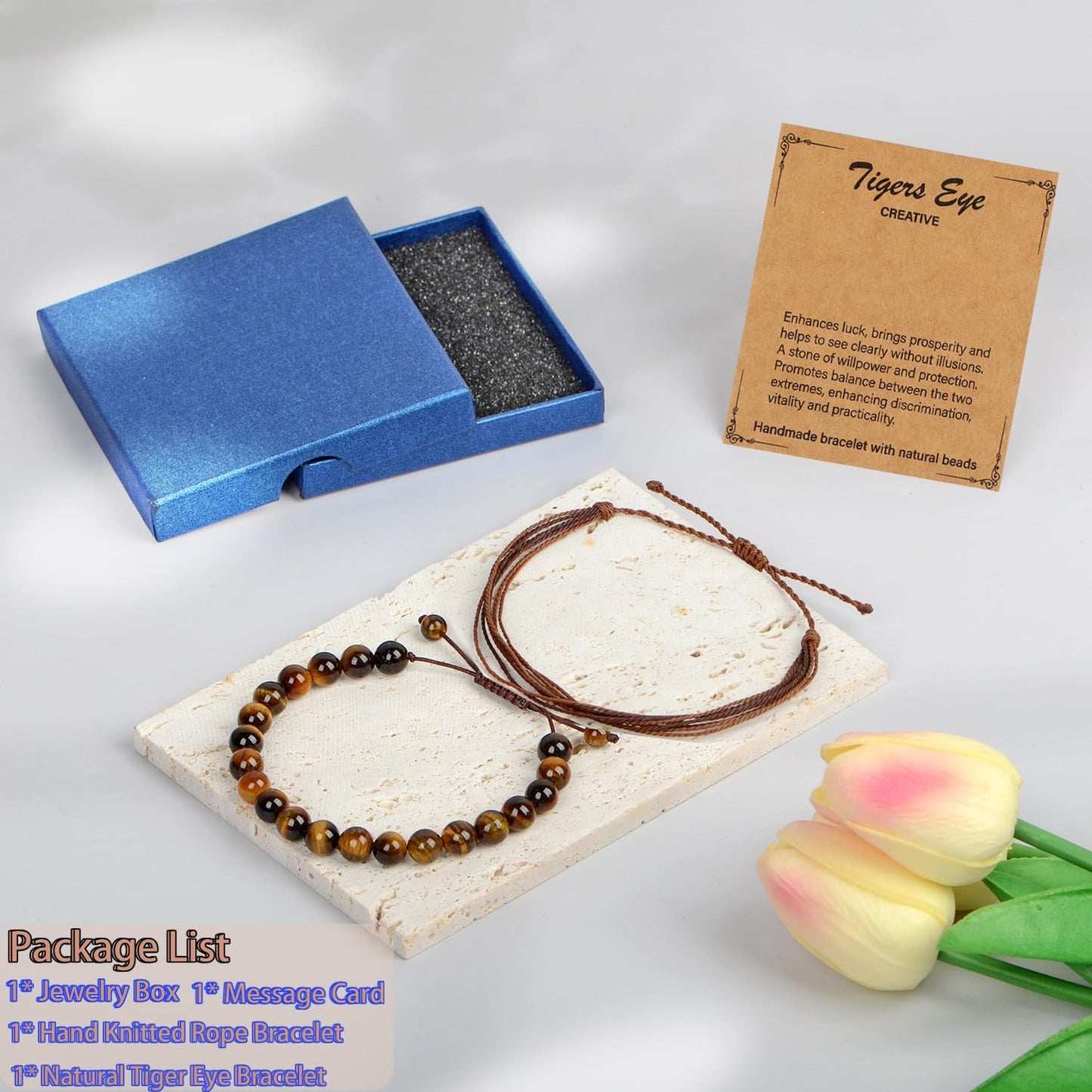 LPBeads 8mm Yellow Tiger's Eye Bracelet with Handmade Rope Bracelet Size Adjustable Natural Stone Crystal Healing Bracelets Gifts for Unisex Adults