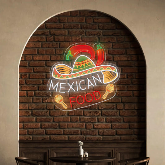Mexican Food Neon Sign, USB Powered LED Lights, 14"x12", Restaurant Window Wall Decor, Clear Acrylic Backboard, Easy to Install, for Taqueria, Burrito Bar, Taco Stand, Latin Grill, and Food Truck