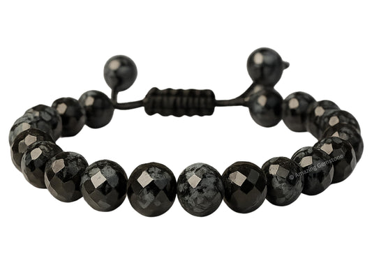 Amazing Gemstone Snowflake Obsidian Bracelet for Women - Chakra Mens Bracelet Protection Crystals and Healing Stones - Blessing Spiritual Meditation (Faceted Beaded Bracelet, Adjustable)