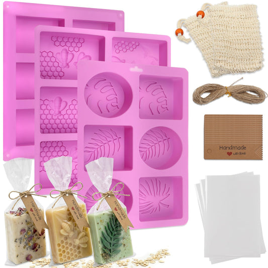 102 Pcs Soap Making Mold Kit - 3 Silicone Molds, 48 Bags, 48 Gift Tags, 65ft Jute Twine, 2 Sisal Foaming Soap Bag Pouch for Handmade Craft Soaps, Jelly, Chocolate & Ice Cube Trays, DIY Wax Melts