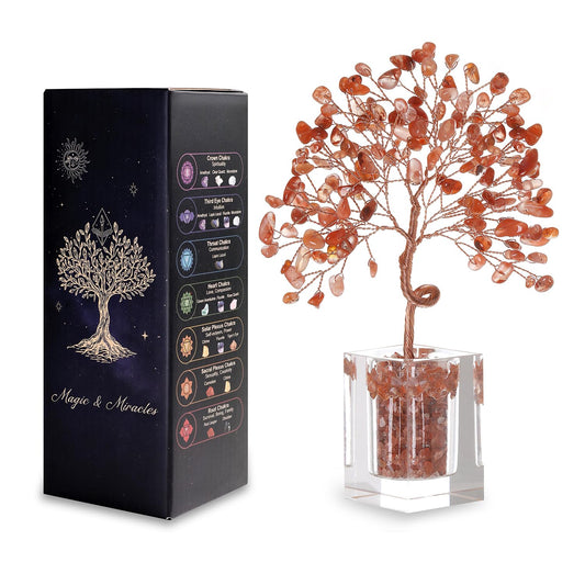 MAGIC AND MIRACLES Crystal Tree for Home Decor 6.5 Inch Carnelian Gem Plant with 147 Stones Spiritual Decor Healing Energy Bonsai Tree Handmade Gift for Meditation Room Office Women & Men