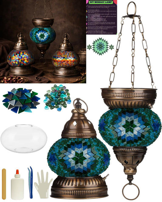DEMMEX DIY Turkish Mosaic Lantern Kit – Beginner-Friendly Tiffany Glass Craft Project for Adults & Teens, Brass Finish, Battery Operated, Convertible Tabletop or Hanging Lantern (Turquoise&Green)