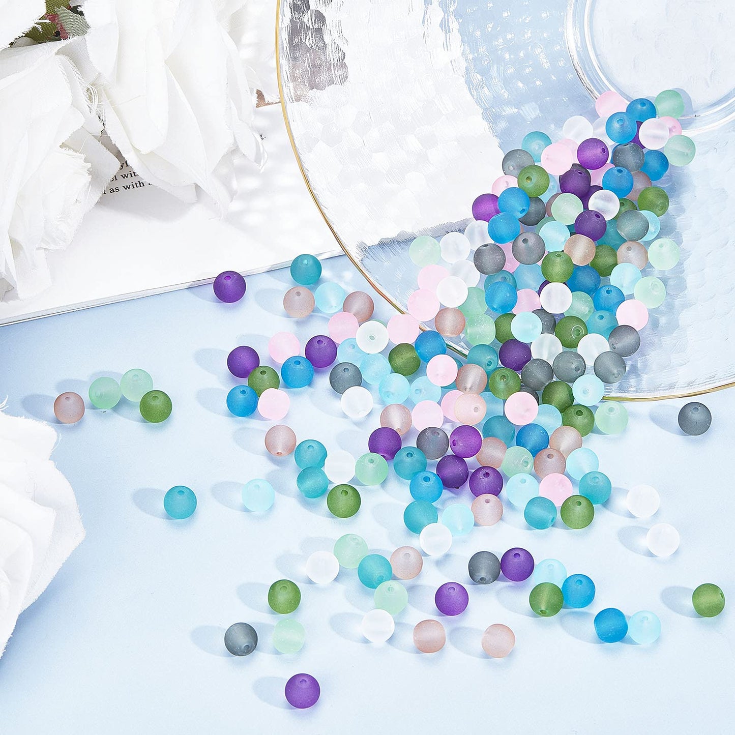 PH PandaHall 200pcs Frosted Glass Beads 10 Color 8mm Sea Glass Beads Spacers Matte Bead Ocean Blue Loose Bead for Friendship Bracelet Necklace Mother's Day Christmas Jewelry Making