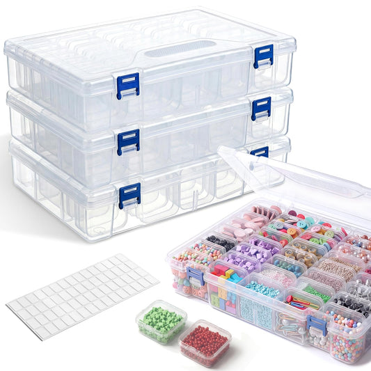 chufa Bead Organizer Box, 3-Pack (138 Mini Cases) – Clear Stackable Storage with Hinged Lids, Labels & Handle for Seed Beads, Diamond Painting Drills, Jewelry Findings, Crafts, Screws