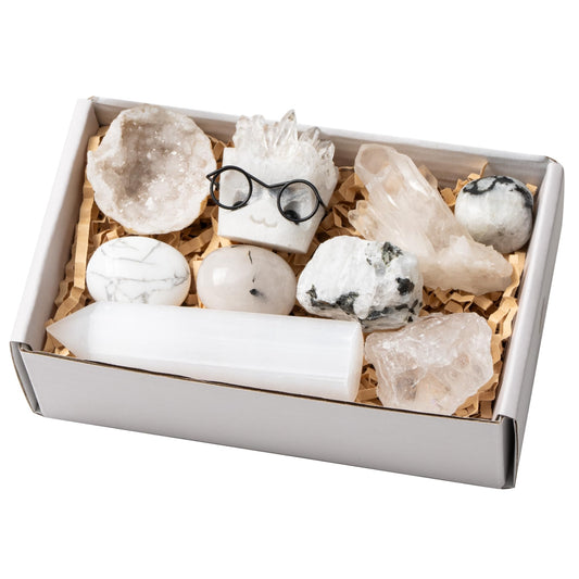 Crystal Color Collection - White Crystal Natural Stones Set (Quartz Cluster Selenite Point Agate Geode Moonstone Howlite Tourmaline Quartz) Healing Crystals for Meditation, Reiki, Home Decor