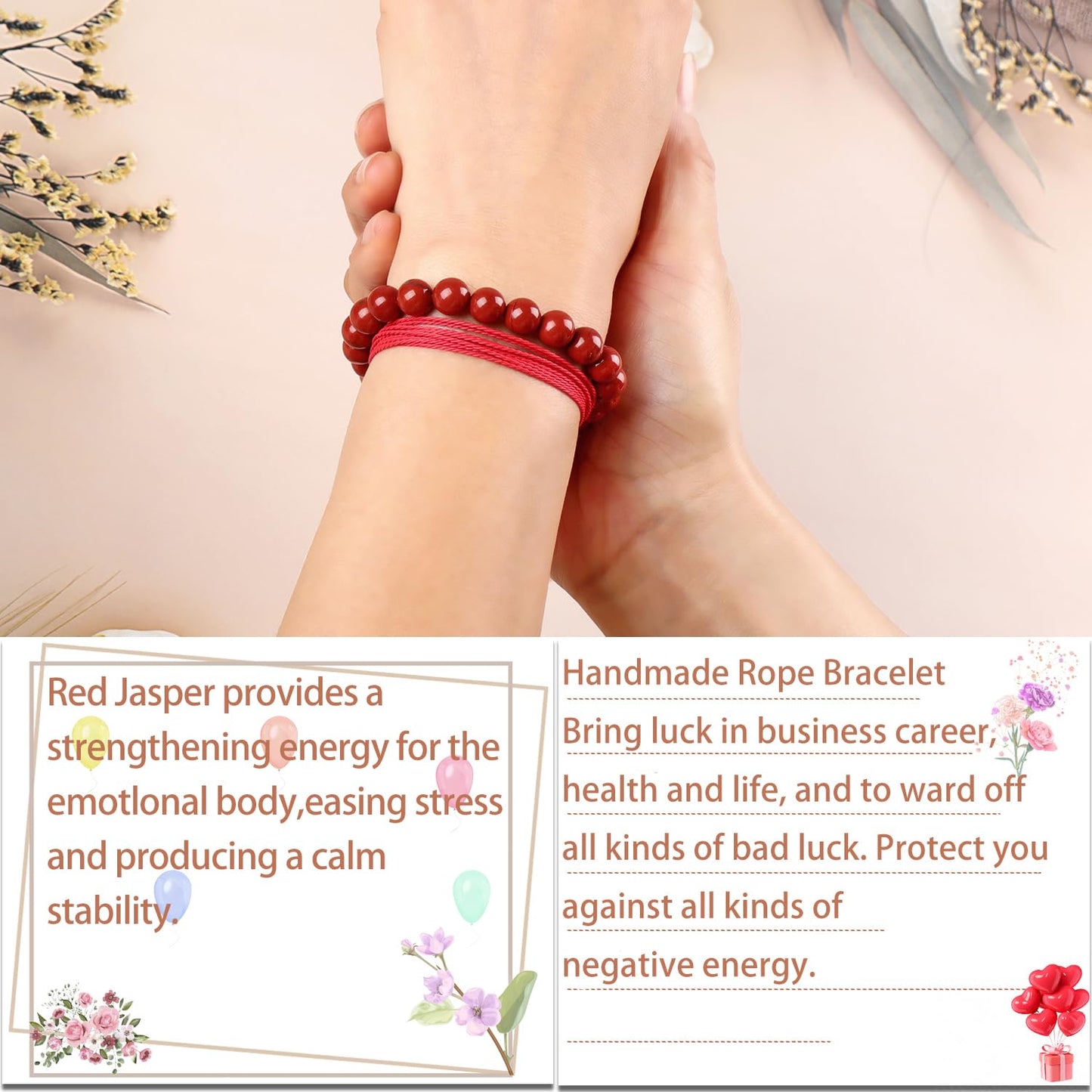 LPBeads 8mm Red Jasper Bracelet with Handmade Rope Bracelet Size Adjustable Natural Stone Crystal Healing Bracelets Gifts for Unisex Adults