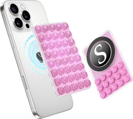 BOVOGAVA Suction Cup Phone Mount, Silicone Sticky Phone Grip with Magnetic Ring for iPhone & Android, Initial Double