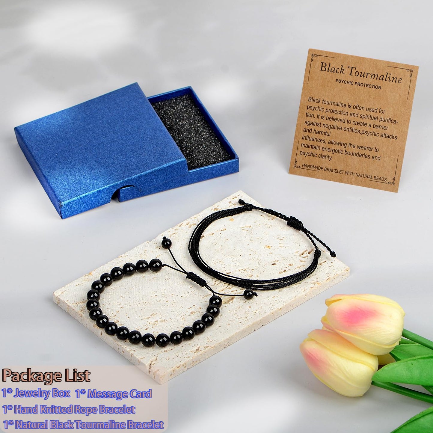 LPBeads 8mm Black Tourmaline Bracelet with Handmade Rope Bracelet Size Adjustable Natural Stone Crystal Healing Bracelets Gifts for Unisex Adults