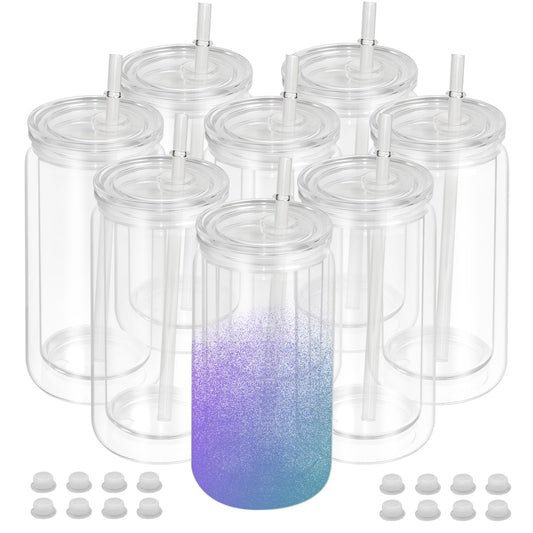 AZEAM 8 PCS Plastic Snow Globe Tumbler,16 oz Double Wall Tumbler with Pre Drilled Hole,Bulk Snow Globe Cups with Clear Lip and Straw,DIY Glitter Snowglobe(No gold powder)