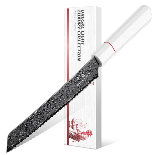 DRGSKL Damascus Serrated Bread Knife - VG10 Serrated Knife for Homemade Bread - Japanese G10 Handle - Slicer Knives with Wide Wavy Edge for Sourdough Baguette - with Gift Box