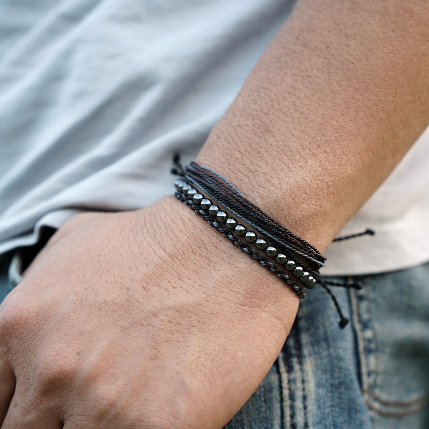 Handmade Natural Stone Beaded Healing Bracelet Gift for Men Adjustable Rope String Bracelet (Hematite, Adjustable)