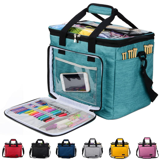 Hoshin Knitting Bag for Yarn Storage, High Capacity Yarn Totes Organizer with Inner Divider Portable for Carrying Project, Knitting Needles(up to 14”), Crochet Hooks, Skeins of Yarn (Green)