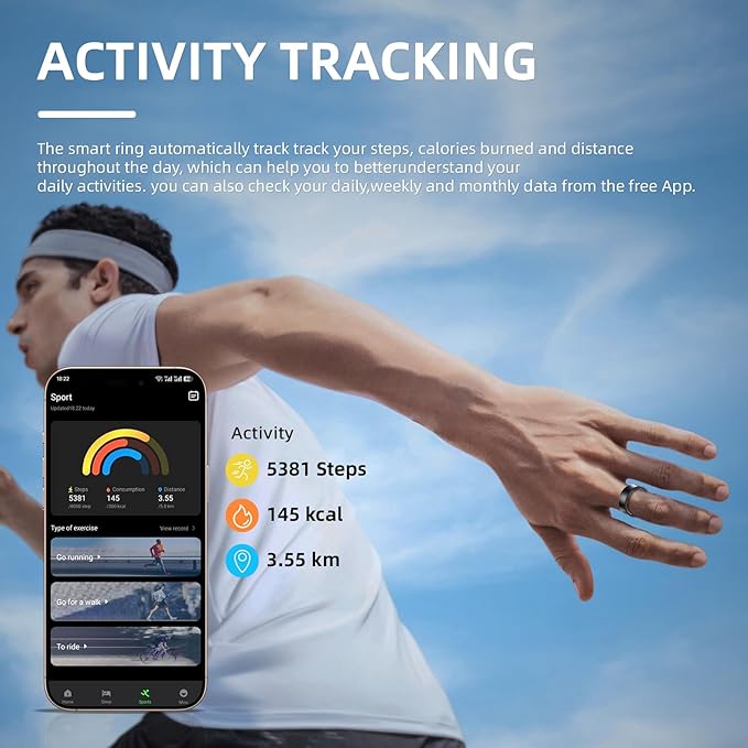 Smart Ring for Men and Women- 10ATM Waterproof,Health Tracker, Supports Sleep/Skin Temperature Monitoring, Steps/Calories/Photos/Female Physiological Reminders (Silver, 8)
