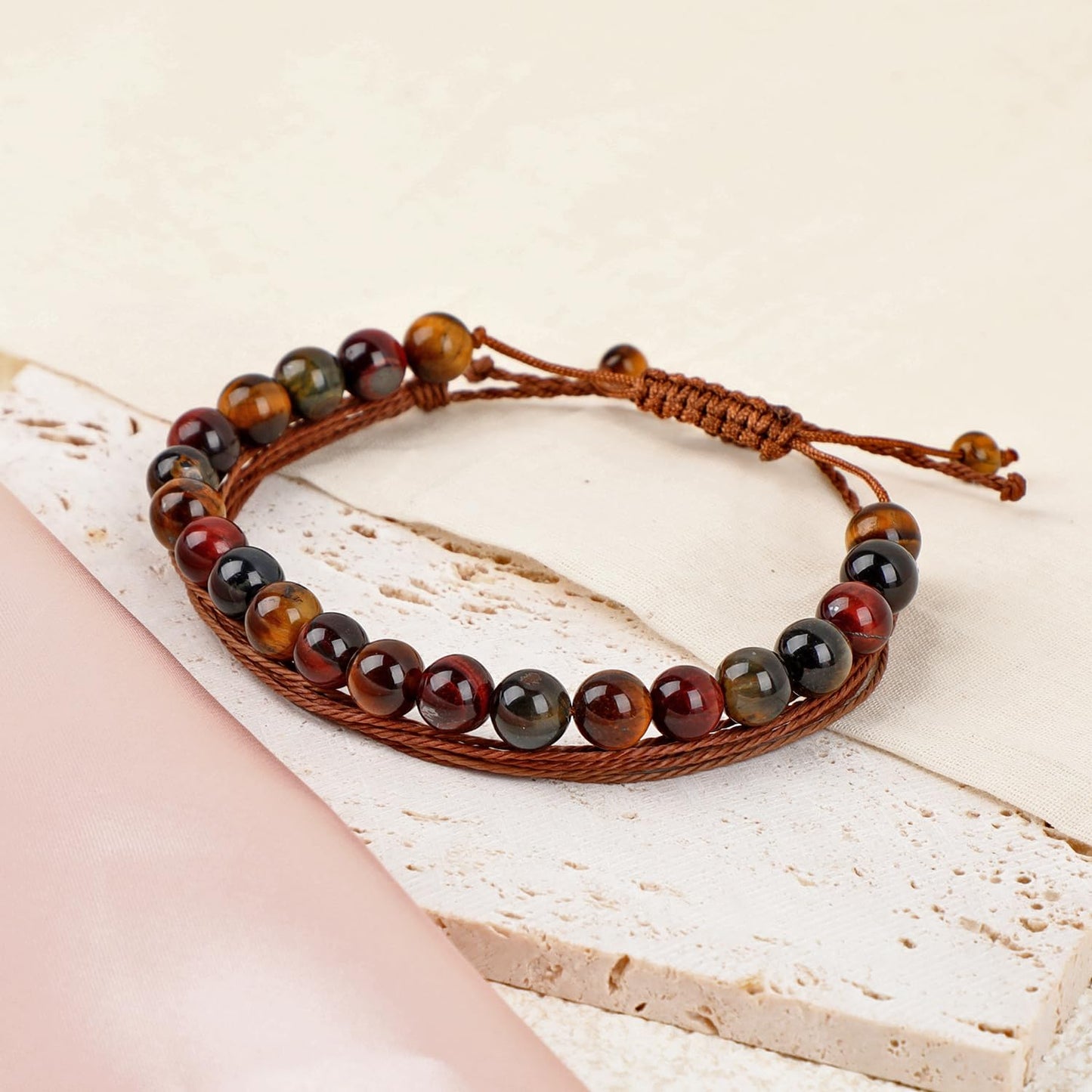 LPBeads 8mm Multicolor Tiger's Eye Bracelet with Handmade Rope Bracelet Size Adjustable Natural Stone Crystal Healing Bracelets Gifts for Unisex Adults