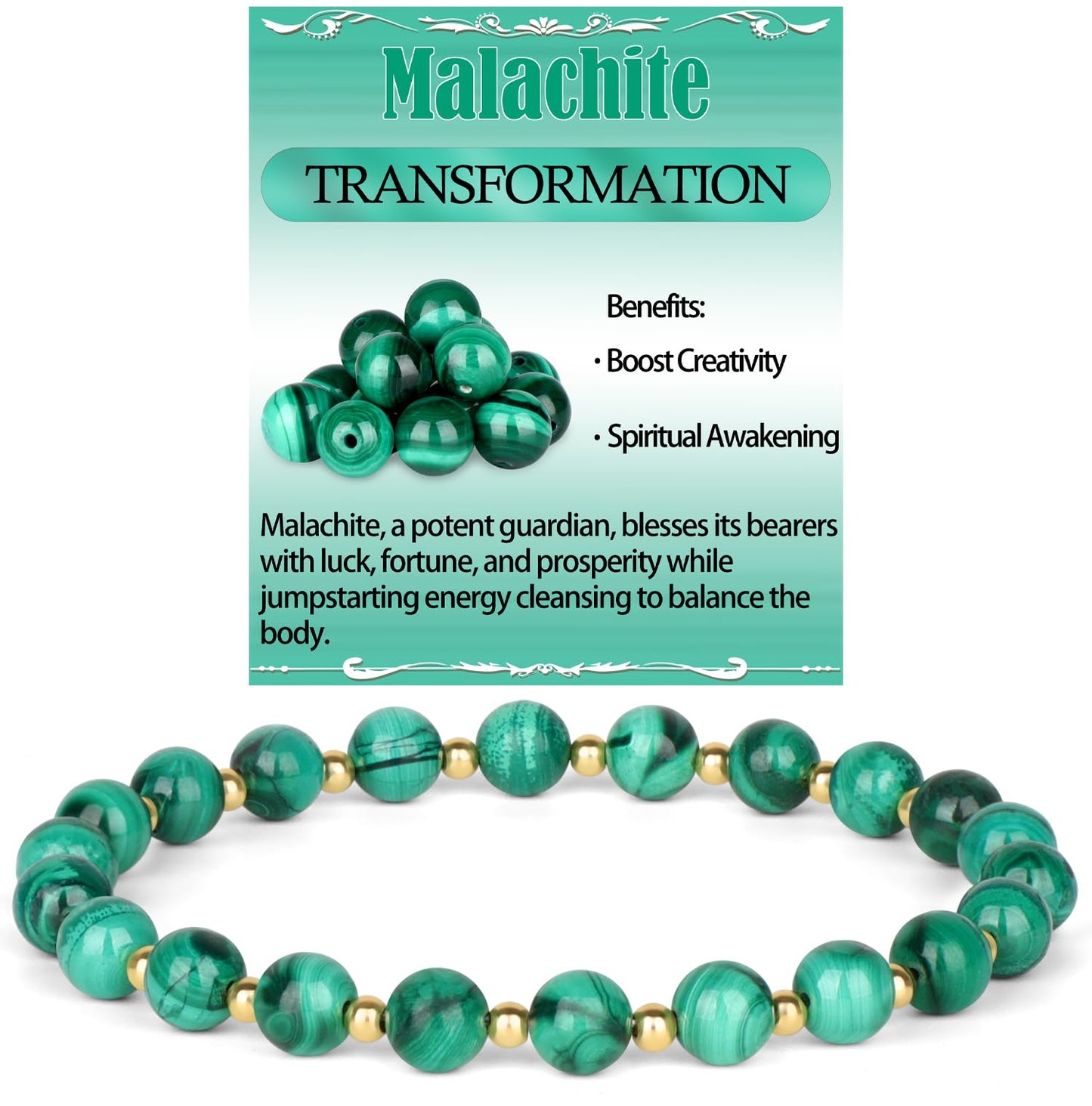 QOGIR Malachite - Transformation - 14K Gold Plated Beads Natural Gemstone Stretch Elastic Dainty Healing Beaded Bracelets Gifts 6mm